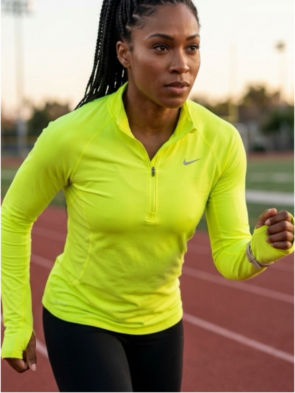 Nike Dri Fit Neon yellow 1/4 Zip Pullover Running Top Thumbholes XS 1688